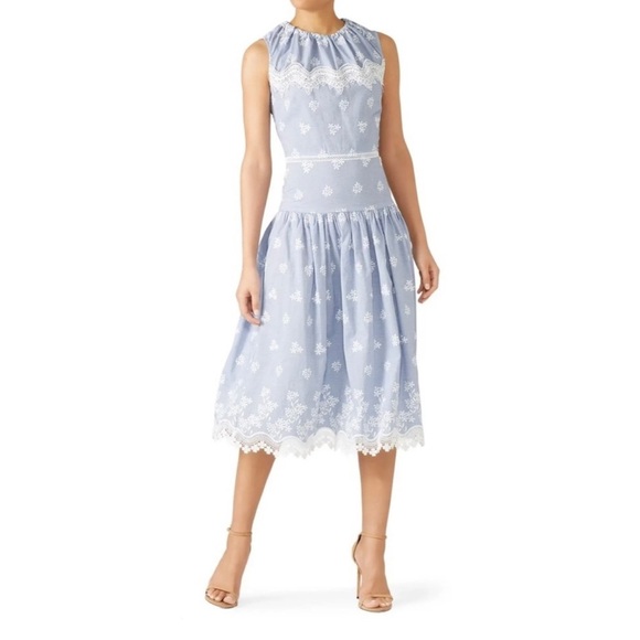 Monique Lhuillier Blue Sleeveless Embroidered Lace Poplin Midi Dress Size 10 EUC - Picture 1 of 9
